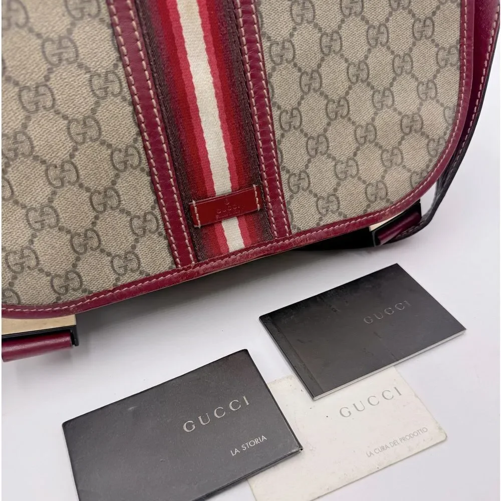 Auth Gucci Brown Supreme PVC Red Leather Trim Messenger Bag Monogram Sherry Line - Picture 2 of 16